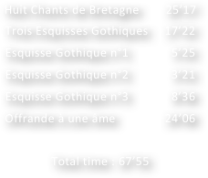 Huit Chants de Bretagne        25’17
Trois Esquisses Gothiques     17’22
Esquisse Gothique n°1             5’25
Esquisse Gothique n°2             3’21
Esquisse Gothique n°3             8’36
Offrande à une âme               24’06

Total time : 67’55
